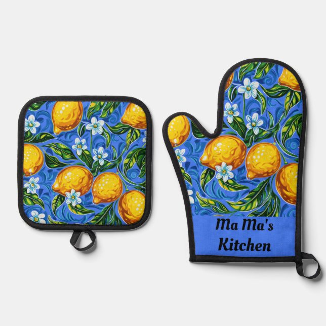 Set De Manoplas Mamáes Mamáes Kitchen azul y amarillo (Anverso)