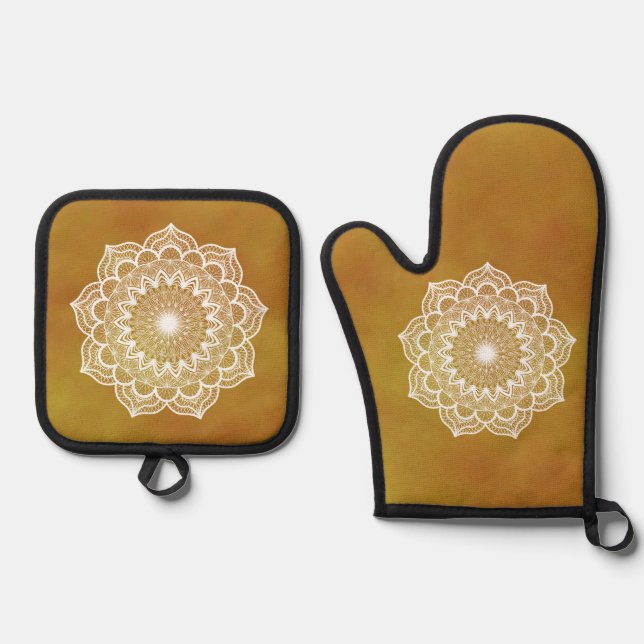 Set De Manoplas Mandalá Blanco sobre Fondo Dorado (Anverso)