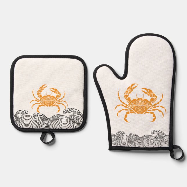 Set De Manoplas Mandala Crab  – Coastal Orange Kitchen (Anverso)