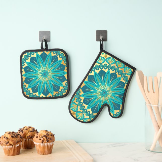 Set De Manoplas Mandalala Flor de Oro Azul (Insitu (colgante))