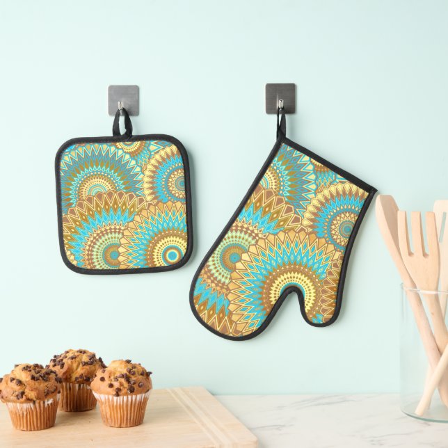 Set De Manoplas Mandalas superpuestos azul marrón dorado (Insitu (colgante))