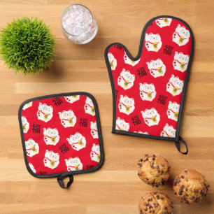 Set De Manoplas Maneki Neko cute un gato suertudo en rojo