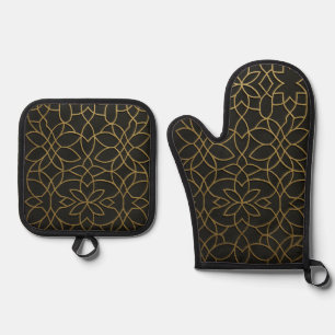 Set De Manoplas Manopla de horno geométrica negra y dorada y prote