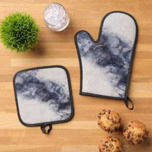 Set De Manoplas Marcas de tinta azul oscuro y acuarela dorada