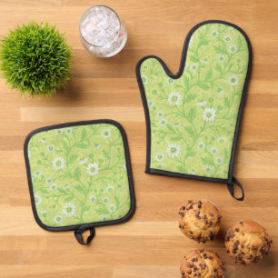 Set De Manoplas Margaritas en blanco y verde sobre verde miel