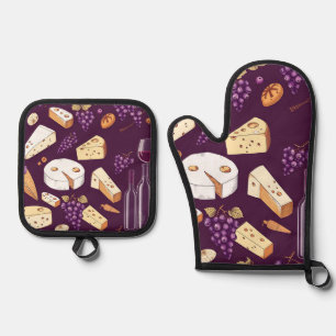 Set De Manoplas Maridaje de Vino Gourmet y Queso Dibujado a Mano V