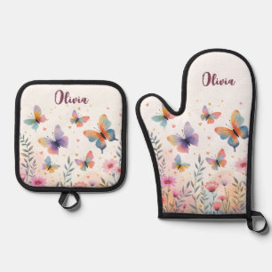 Set De Manoplas Mariposas Encantadoras en Pradera de Acuarela