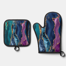 Set De Manoplas Mármol Purpurina de oro azul turquesa