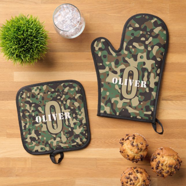 Set De Manoplas Marrón verde beige camo camuflaje Monograma nombre (De arriba hacia abajo)