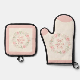 Set De Manoplas Mejor Nonna de Todos Corona Floral Rosa y Verde