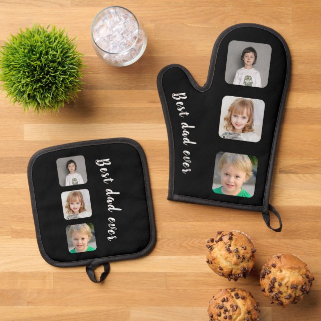 Set De Manoplas Mejor Papá Collage de fotos Negro (De arriba hacia abajo)