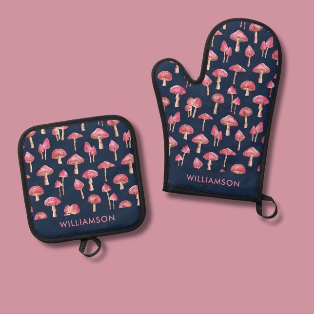 Set De Manoplas Melancolopia pink (Pink mushroom personalized oven glove mitt and pot holder.)