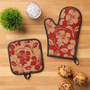 Set De Manoplas Mele Kalikimaka Vintage Hawaian Hibiscus Red