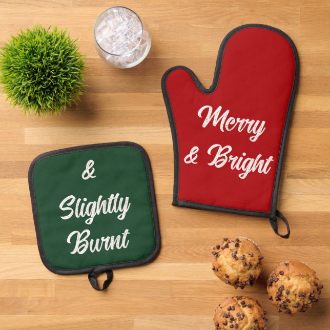 Set De Manoplas Merry Bright Burnt Funny Navidades Regalo Red Gree (De arriba hacia abajo)