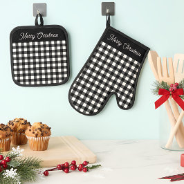 Set De Manoplas Merry Christmas Black & White Buffalo Plaid