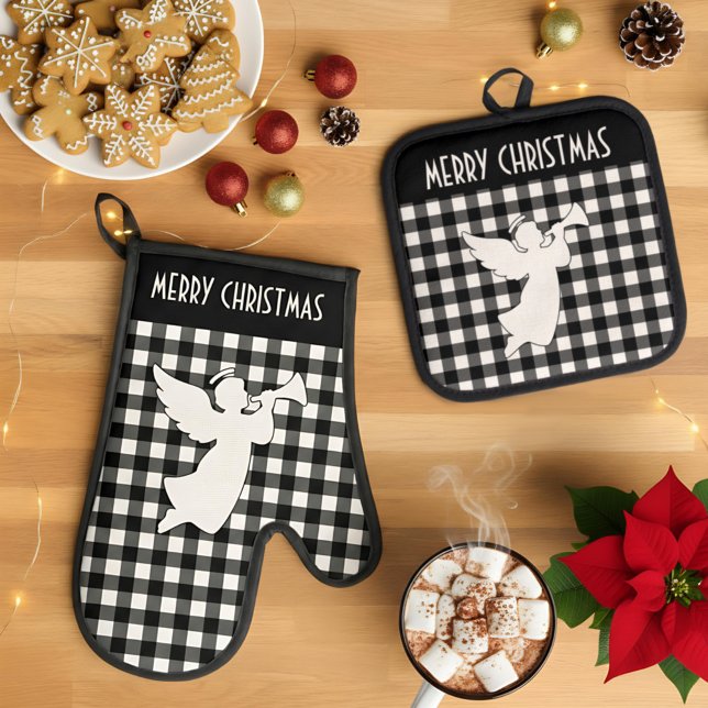 Set De Manoplas Merry Christmas Black & White Buffalo Plaid Angel (Subido por el creador)