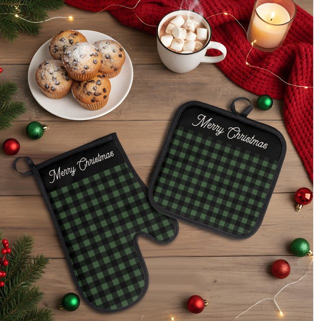 Set De Manoplas Merry Christmas Green & Black Buffalo Plaid (Subido por el creador)