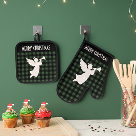 Set De Manoplas Merry Christmas Green & Black Buffalo Plaid Angel