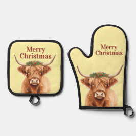 Set De Manoplas Merry Christmas Greenery Highland Miniature Cow