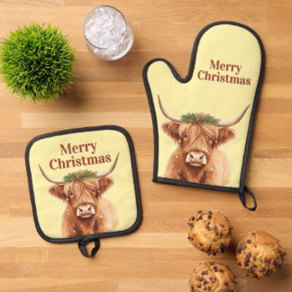 Set De Manoplas Merry Christmas Greenery Highland Miniature Cow