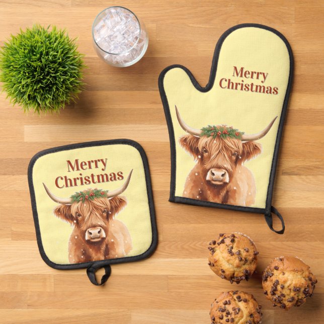 Set De Manoplas Merry Christmas Greenery Highland Miniature Cow (De arriba hacia abajo)