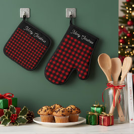 Set De Manoplas Merry Christmas Red & Black Buffalo Plaid