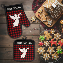 Set De Manoplas Merry Christmas Red & Black Buffalo Plaid Angel