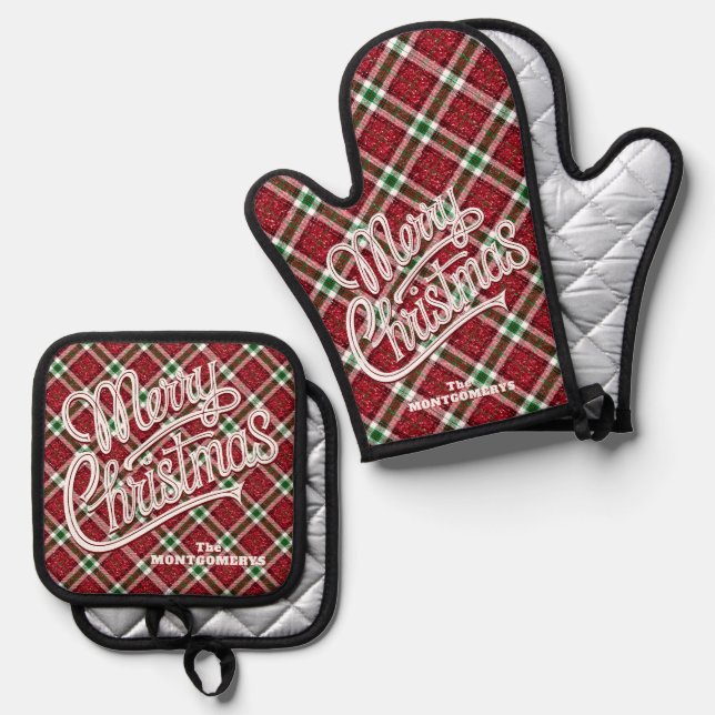 Set De Manoplas Merry Christmas Sparkly Plaid (Anverso/Reverso)