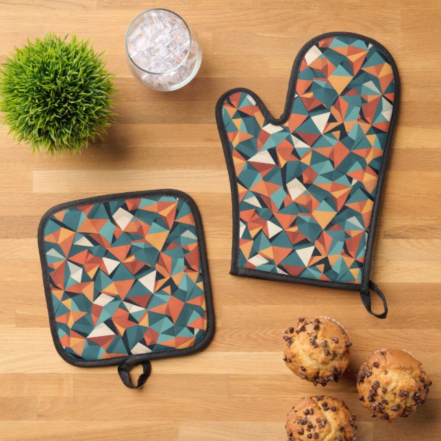 Set De Manoplas Mid-Century Geometric Teal & Orange Pattern (De arriba hacia abajo)