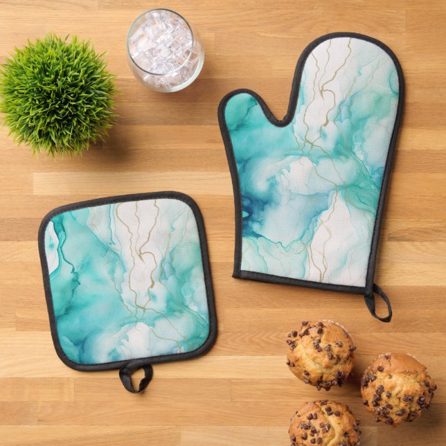 Set De Manoplas Mint Aqua Ink Marble (De arriba hacia abajo)