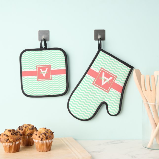 Set De Manoplas Mint Coral Chevron (Insitu (colgante))