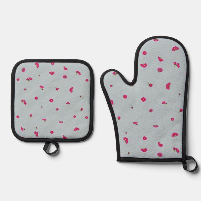 Set De Manoplas Misty Blue Deep Pink Cosmos Floral Pattern (Anverso)