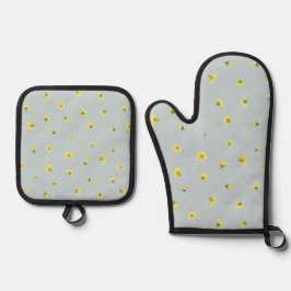 Set De Manoplas Misty Blue Japanese Winter Cosmos Floral Pattern