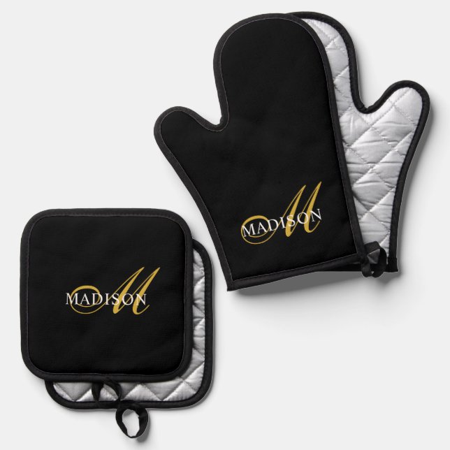 Set De Manoplas Modern Black Gold Monogram Script (Anverso/Reverso)