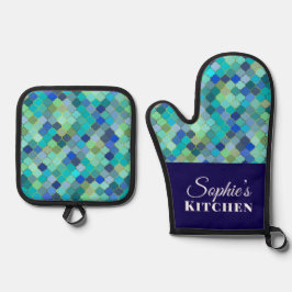 Set De Manoplas Modern Blue Geometric Personalized