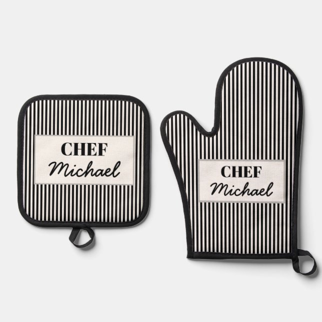 Set De Manoplas Modern Custom Personalized Chef Black Striped  (Anverso)