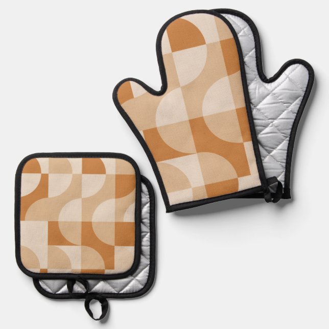 Set De Manoplas Modern Minimal Beige Retro Geometric Oven Mitt (Anverso/Reverso)