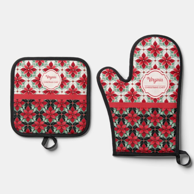 Set De Manoplas Modern Poinsettia pattern christmas chef (Anverso)