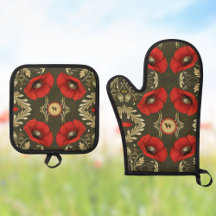 Monograma Art Nouveau Rojo Dorado Amapolas Vintage