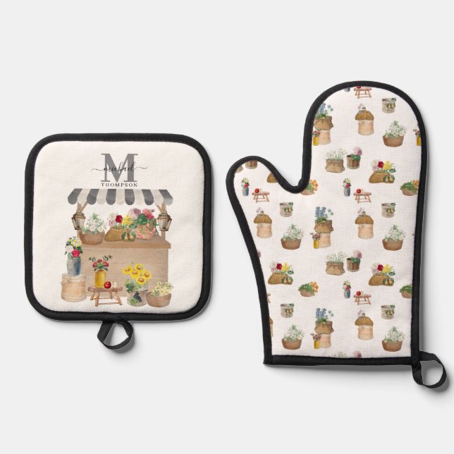 Set De Manoplas Monograma de carrito floral del mercado de los agr (Anverso)