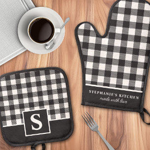 Set De Manoplas Monograma de Cuadros de Plaid Búfalo Negro y Blanc