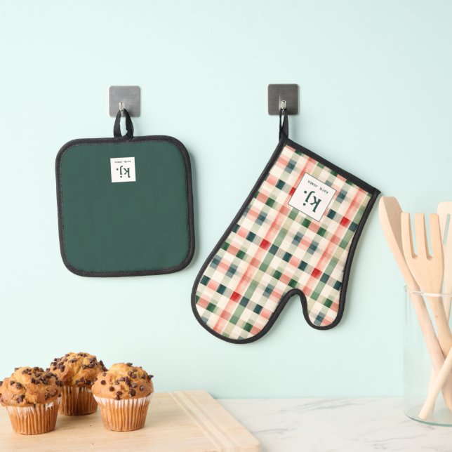 Set De Manoplas Monograma de Gingham Verde Suave (Insitu (colgante))