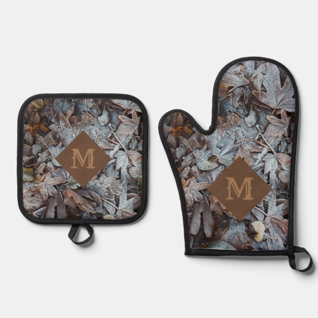 Set De Manoplas Monograma de hojas de otoño congeladas (Anverso)