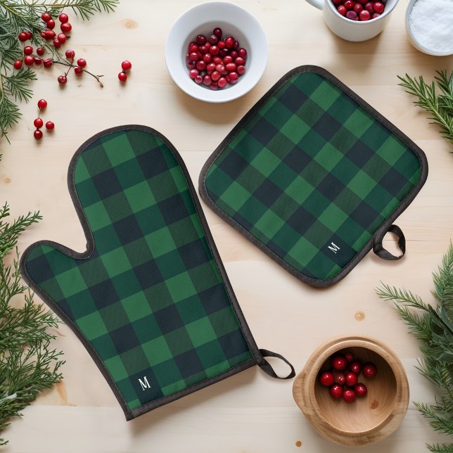Set De Manoplas Monograma de la placa de búfalo verde y negro para (Green & Black Checkerboard Buffalo Plaid Monogram Oven Mitt & Pot Holder Set
)
