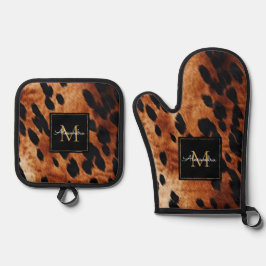 Set De Manoplas Monograma de oro de crema negra marrón Piel de vac