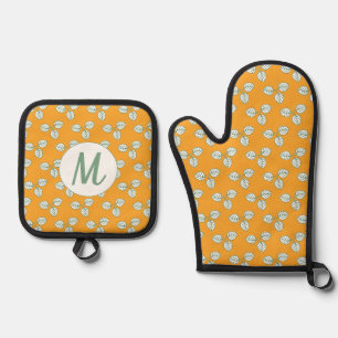 Set De Manoplas Monograma de patrón de Naranja moderno y hoja blan