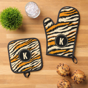Set De Manoplas Monograma de rayas de tigre negras y naranjas