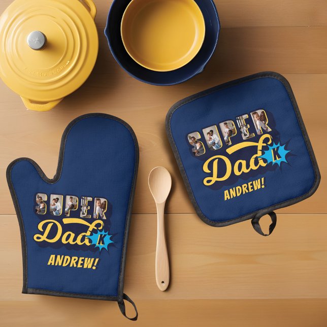 Set De Manoplas Monograma de superhéroe de fotos de Personalizado  (Super Dad Custom Photos Superhero Monogram Oven Mitt & Pot Holder Set)