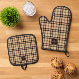 Set De Manoplas Monograma de Tartán Gris Carbón Beige Acogedor