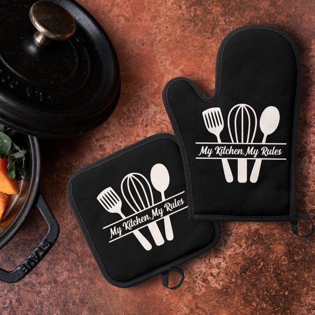 Set De Manoplas Monograma de utensilios de cocina (Kitchen Utensils Monogram Oven Mitt & Pot Holder Set)